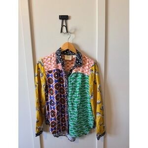 Maeve by Anthropologie Mixed Print Patchwork Blouse Sz XS Yellow Green Geometric